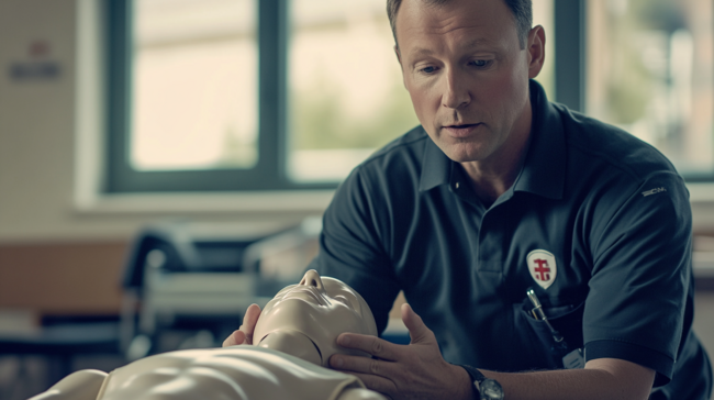 Formateur enseignant les gestes de premiers secours sur un mannequin de réanimation dans une salle de formation en Suisse
